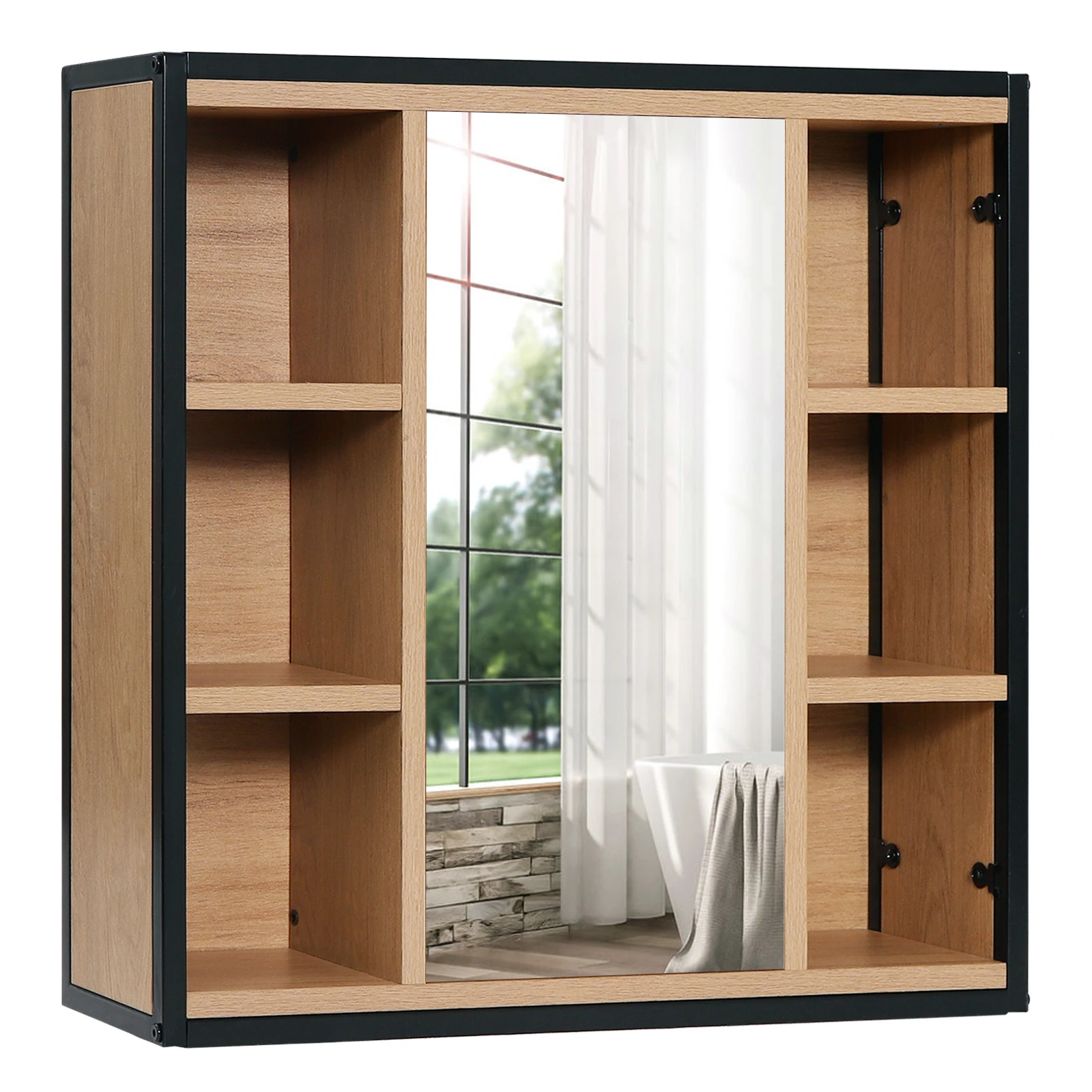 EUGAD Wandmontierter Badezimmerschrank mit Spiegel, verstellbare Regale, 60 x 58 x 16 cm, 6 offene Fächer, Badezimmerregal, Duschregal