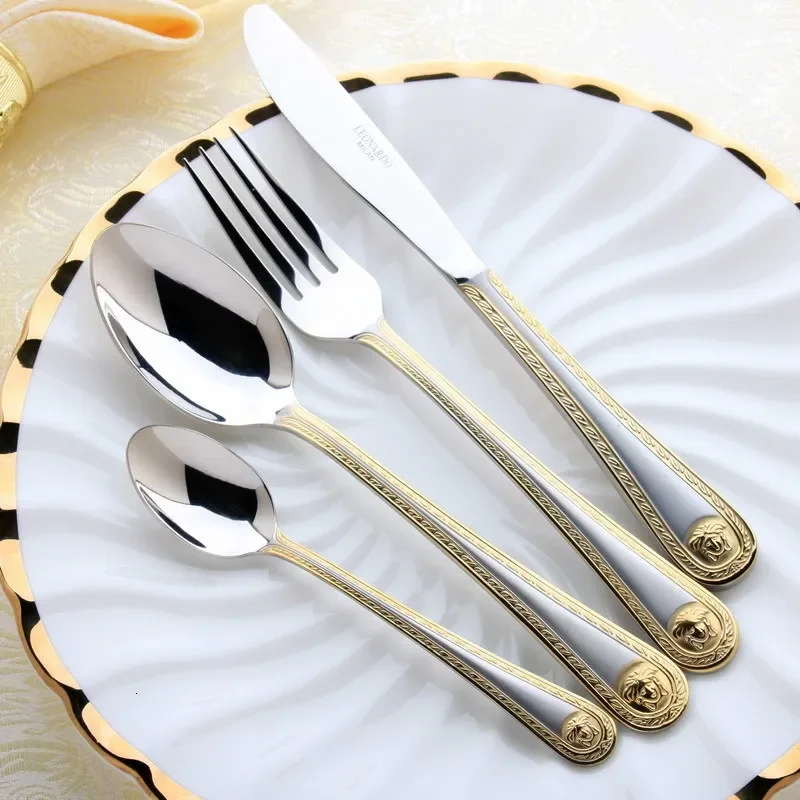 Vintage Western Gold Plated Dinnerware Dinner Fork Knife Set Golden Cutlery Set Stainless Steel Engraving Tableware