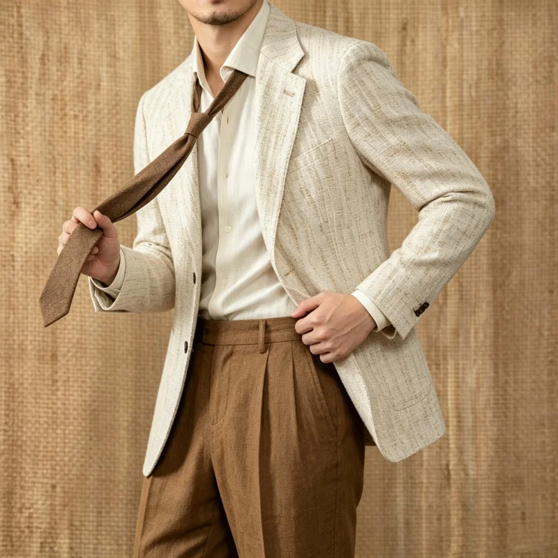 Men's Coarse Thread Blend Linen Blazer Lightweight Jacket Casual Italian Style Spring Summer Suits Coat Comfortable Breathable