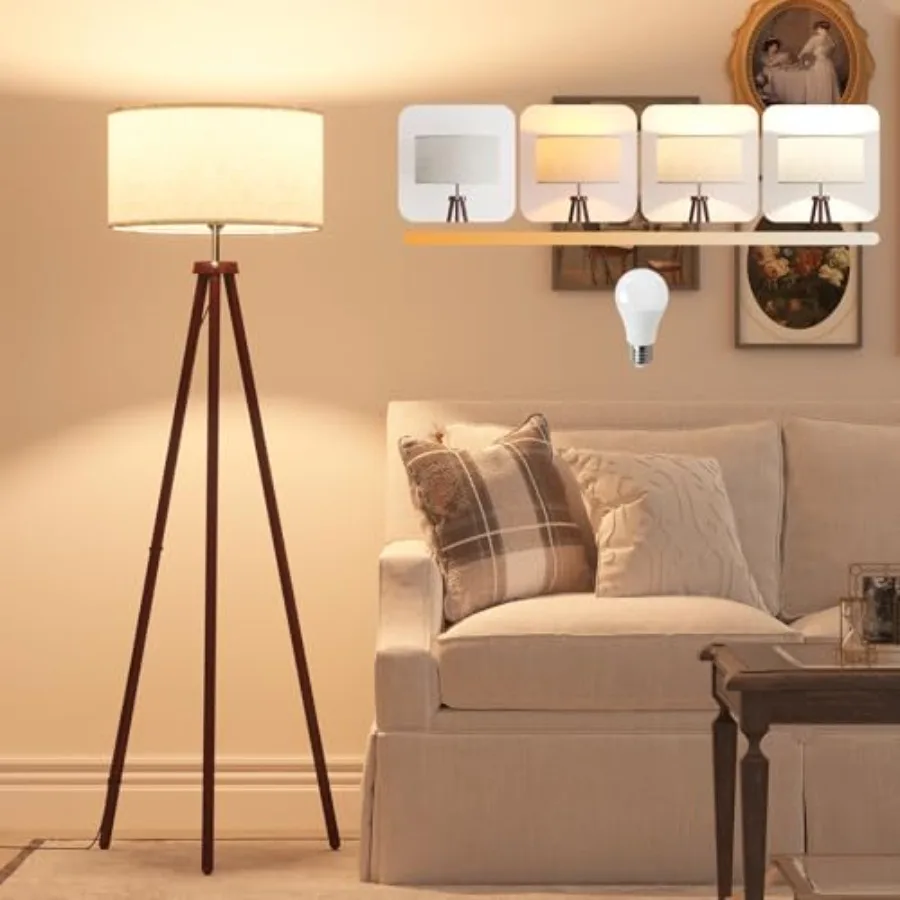 

Wood Tripod Floor Lamps for Bedroom Living Room and Office Corner lamp with Beige Linen Shade 12W Three-Color Bulb Included Pul