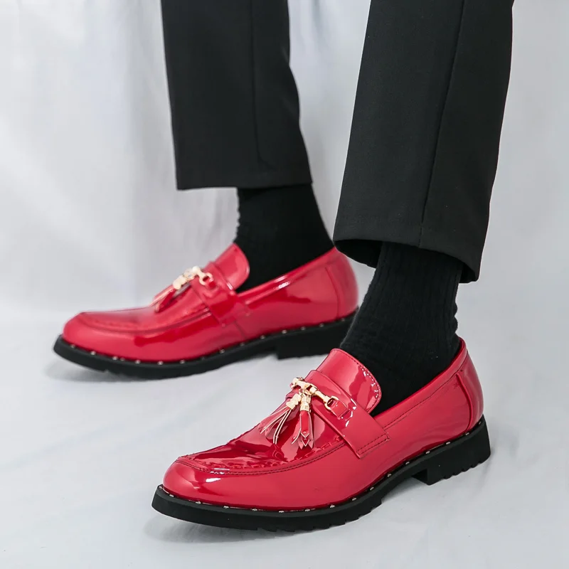 

Quality Red Leather Shoes For Man Tassel Stylish Wedding Dress Shoes Man Loafers Pointed Elegant Men Business Shoes Big Size 46