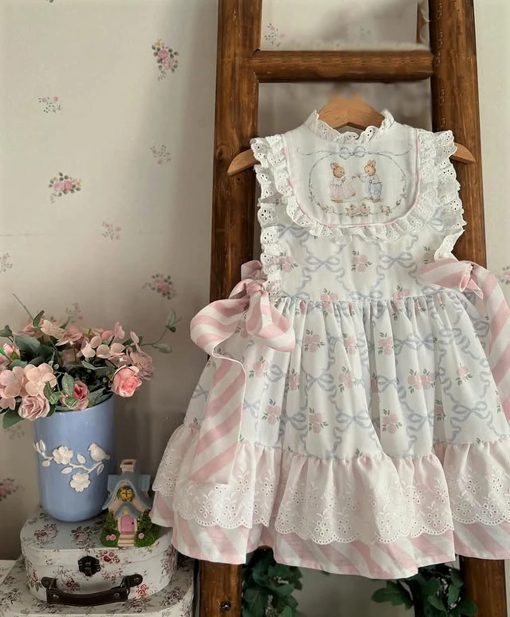 Summer Baby Girl Rabbit Embroidery Bow Print White Pink Puffy Dress For Casual Party Birthday Wedding Photography