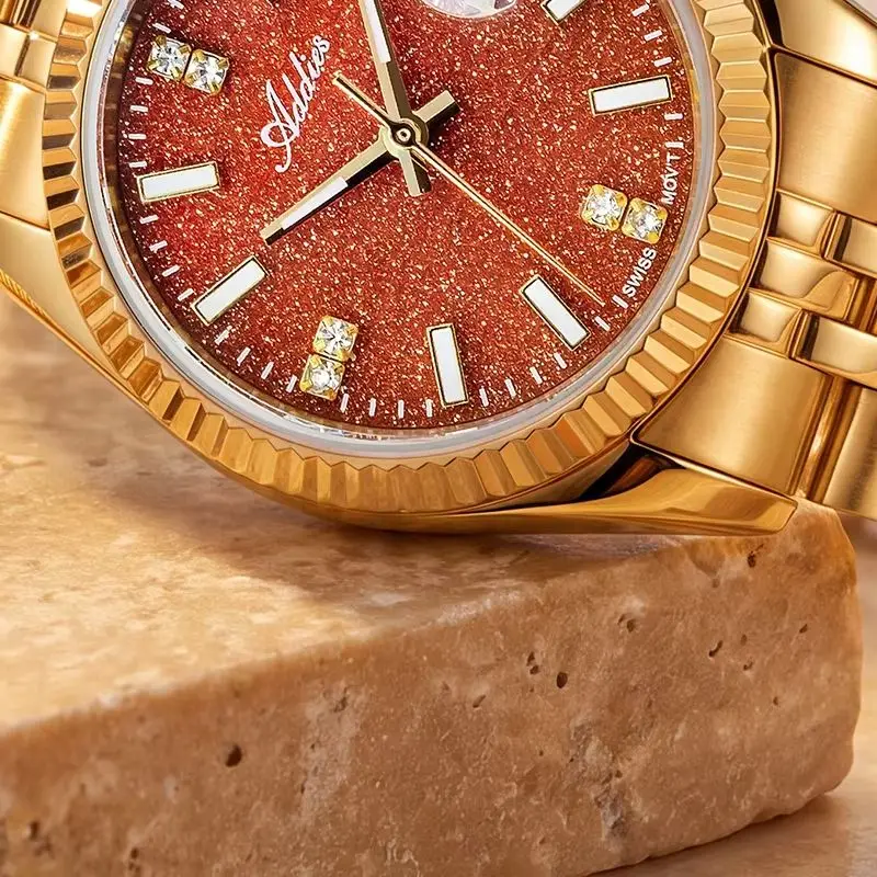 ADDIES Elegant Watch for Women Super Luminous 50M Waterproof Women's Quartz Watch 316L Stainless Steel Goldstone Dial Wristwatch