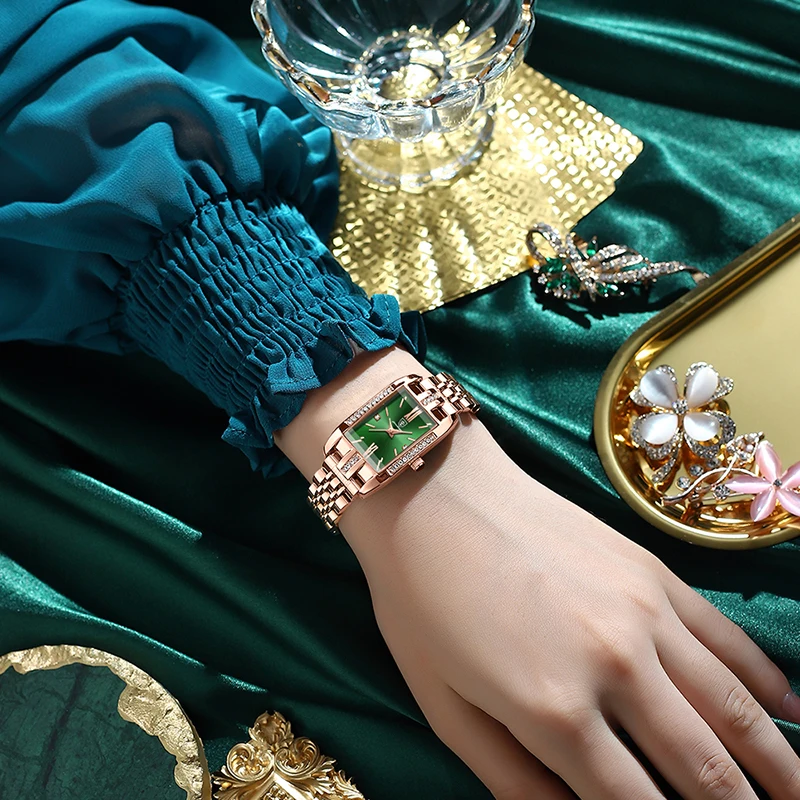 POEDAGAR-relojes de esfera pequeña verde para mujer, pulsera de lujo con parte superior cuadrada, correa de acero de oro rosa, resistente al agua