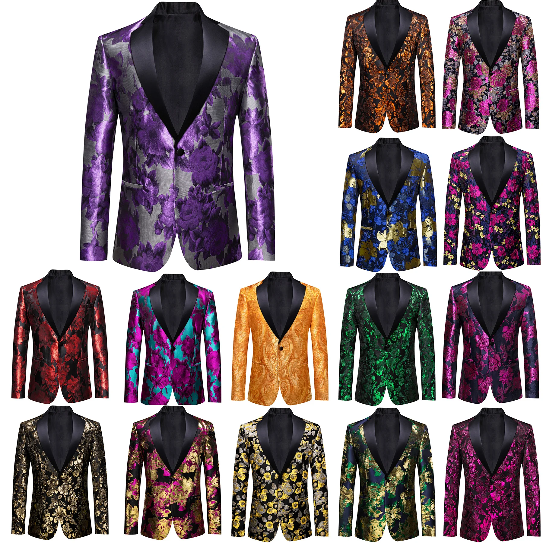 Men's slim fit suit floral jacquard wedding coat single button flat collar wrinkle resistant polyester fiber