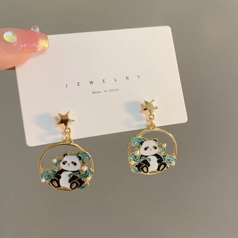 E003 Cute Panda Earring With Bamboo,Alloy Animal Drop Earrings,Panda Accessories Wholesale