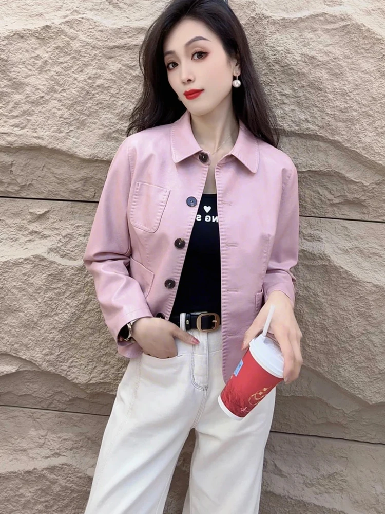 

Модная короткая кожаная куртка женская 2025 Весна Новинка Элитный мотоциклетный стиль Универсальный топ Простой дизайн Премиальное качество