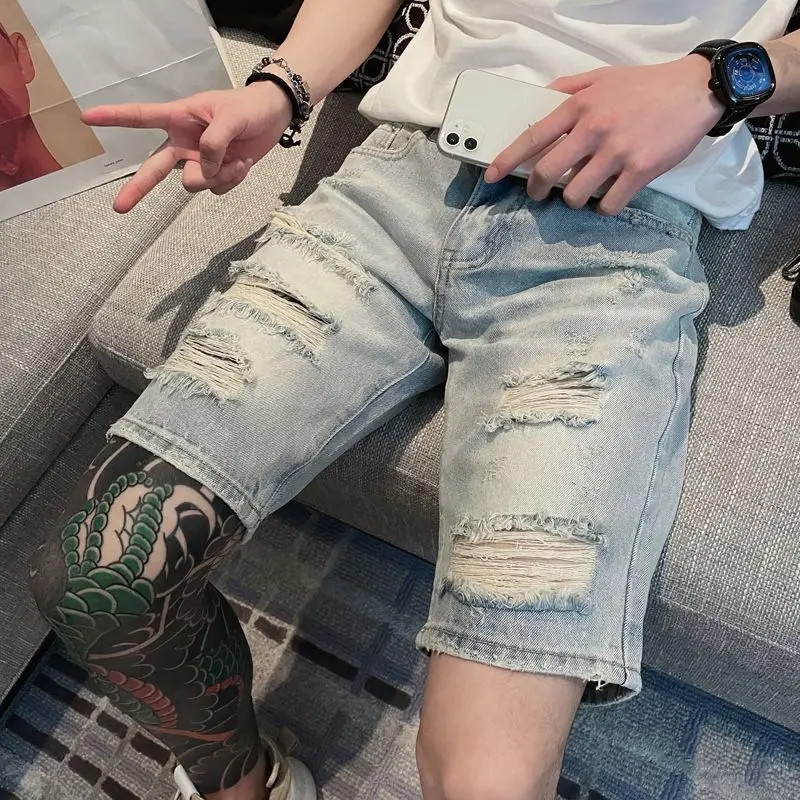Harajuku Summer Korean Luxury Clothing Washed Punk Denim Shorts for Men Casual Ripped Hole Slim Solid Cowboy Short Pants for Men