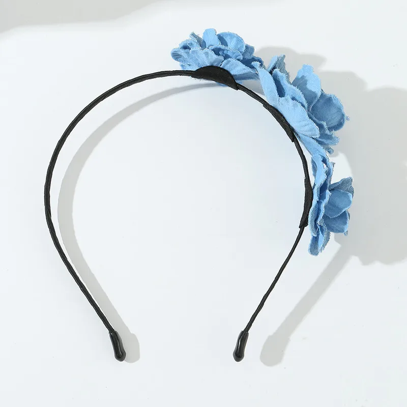 Denim Blue rose flower heightening cranial top headband for women retro simple commuter face wash headband