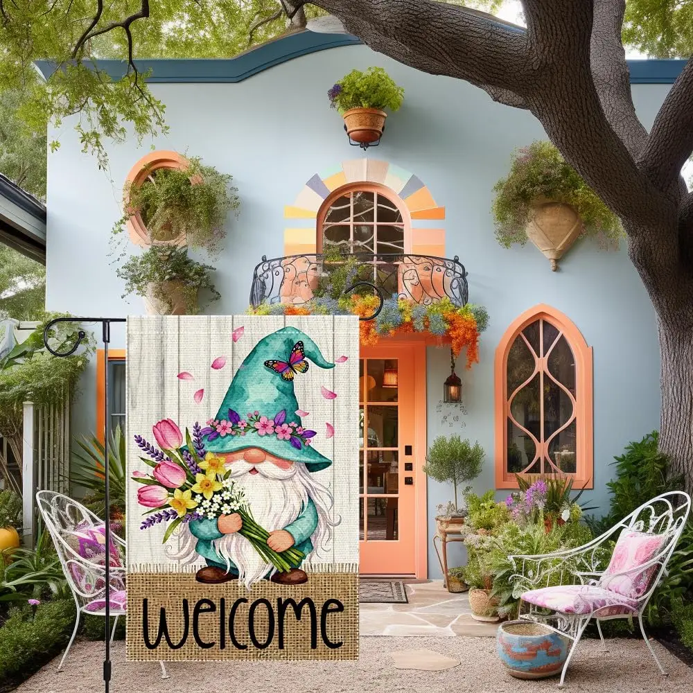 Welcome Garden Flag 12x18 Inch Double Sided with Spring Gnome, Butterfly, Tulips, Daffodils, and Floral Bouquet for Outdoor  ZZM