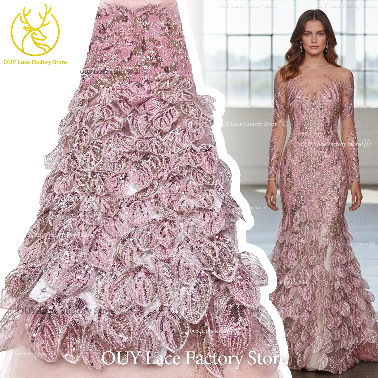 Tissu de dentelle 3D brodé à la main nigérian avec sequins et perles, tissu de dentelle en tulle français de haute qualité 2026 pour robe de mariée