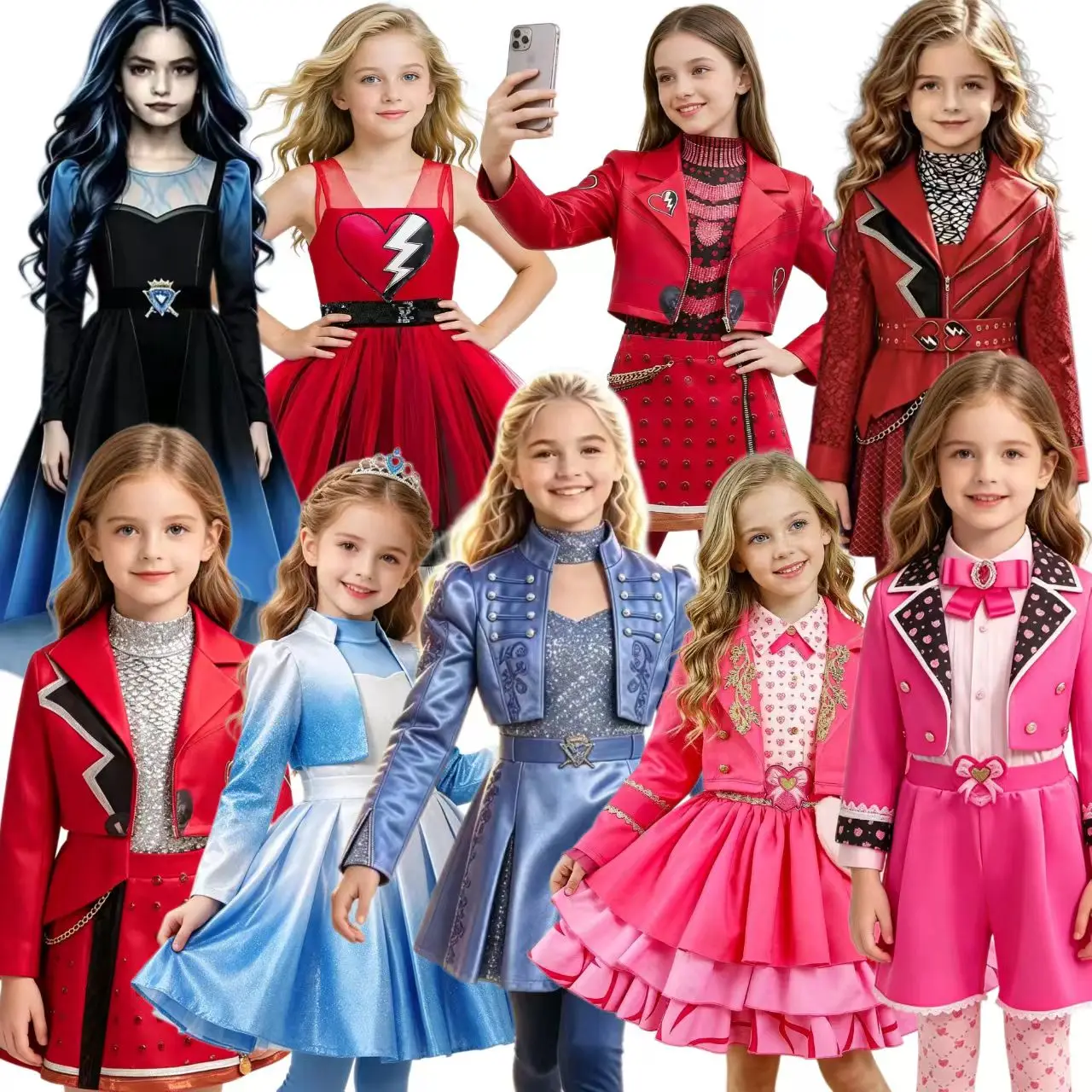 2026 Kids Carnival Birthday Party Clothes Girls Queen Heir Wicked Fairy Tale Halloween Fancy Dress Girls Heir sisters Top + Skir