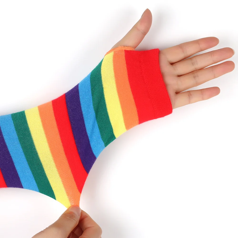 Rainbow Warmer Knitted Long Fingerless Gloves Woman Winter Arm Warmers Knit Cuffs Gloves Christmas Acces Gift Elbow Gloves