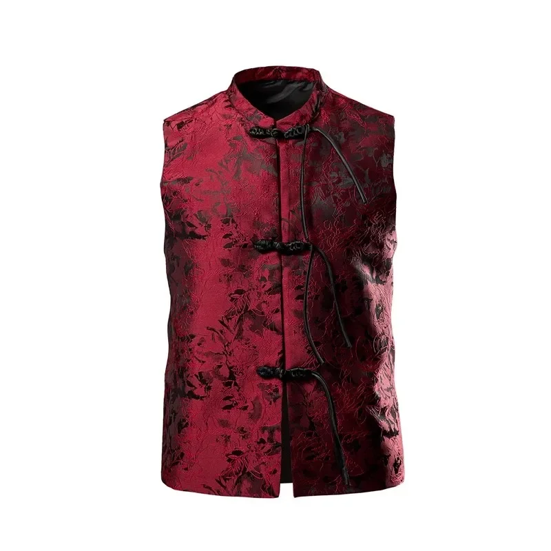 Veste en fibre rouge de style chinois pour homme, gilets à col montant à boutonnage simple, gilet disponible, bordeaux, beige, noir