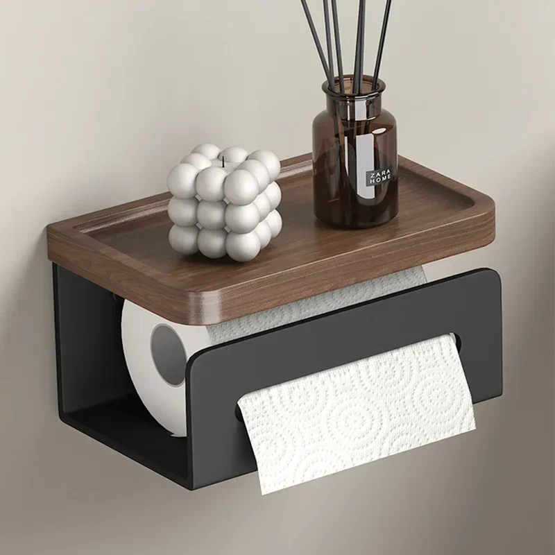 No Punching Toilet Paper Holder Shelf Wall Mounted with Double Walnut Beech Paper Tissue Hanger Drawer Box for Bathroom Kitchen
