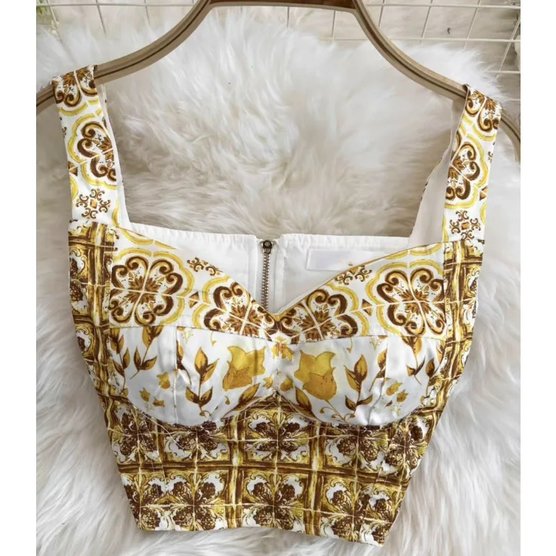 2024 new fashion yellow porcelain slim-fit short halter top high waist A-line skirt printed suit for women
