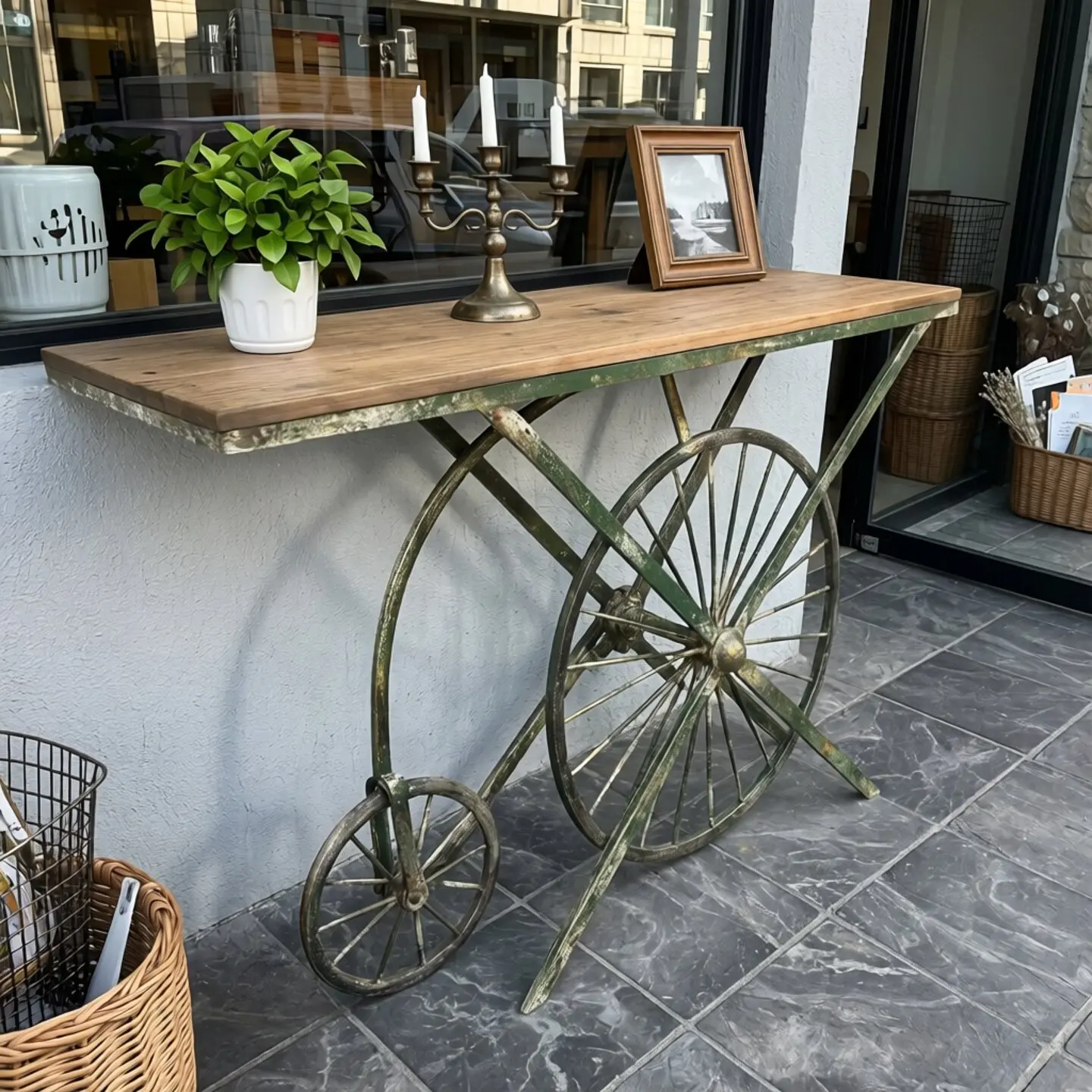 Christmas wind retro wrought iron float solid wood cart type flower stand outdoor flower pot stand courtyard decoration store