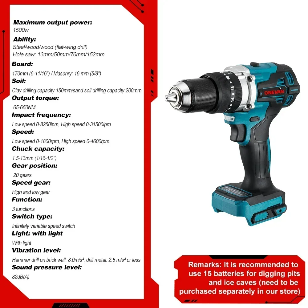 ONEVAN 13MM 650NM Brushless Electric Impact Drill Cordless Screwdriver Lithium Battery Charging Drill For Makita 18V Battery