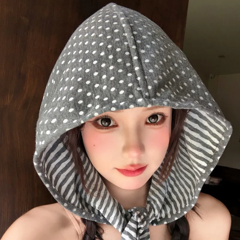 Korean Double-sided Wear Polka Dot Stripe Strap Bomber Hat for Women Spring and Autumn Big Head Ear Protection Pullover Cap