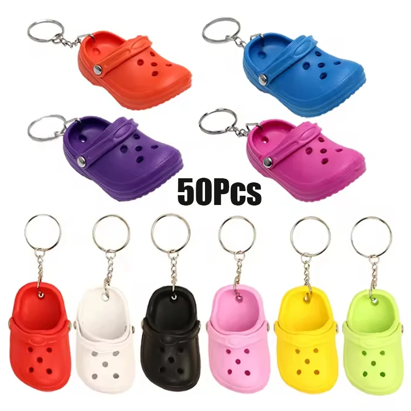 50Pcs Multicolor Tiny Hole Clog Key Rings Cute Mini Slipper Shape Bag Decor Charms