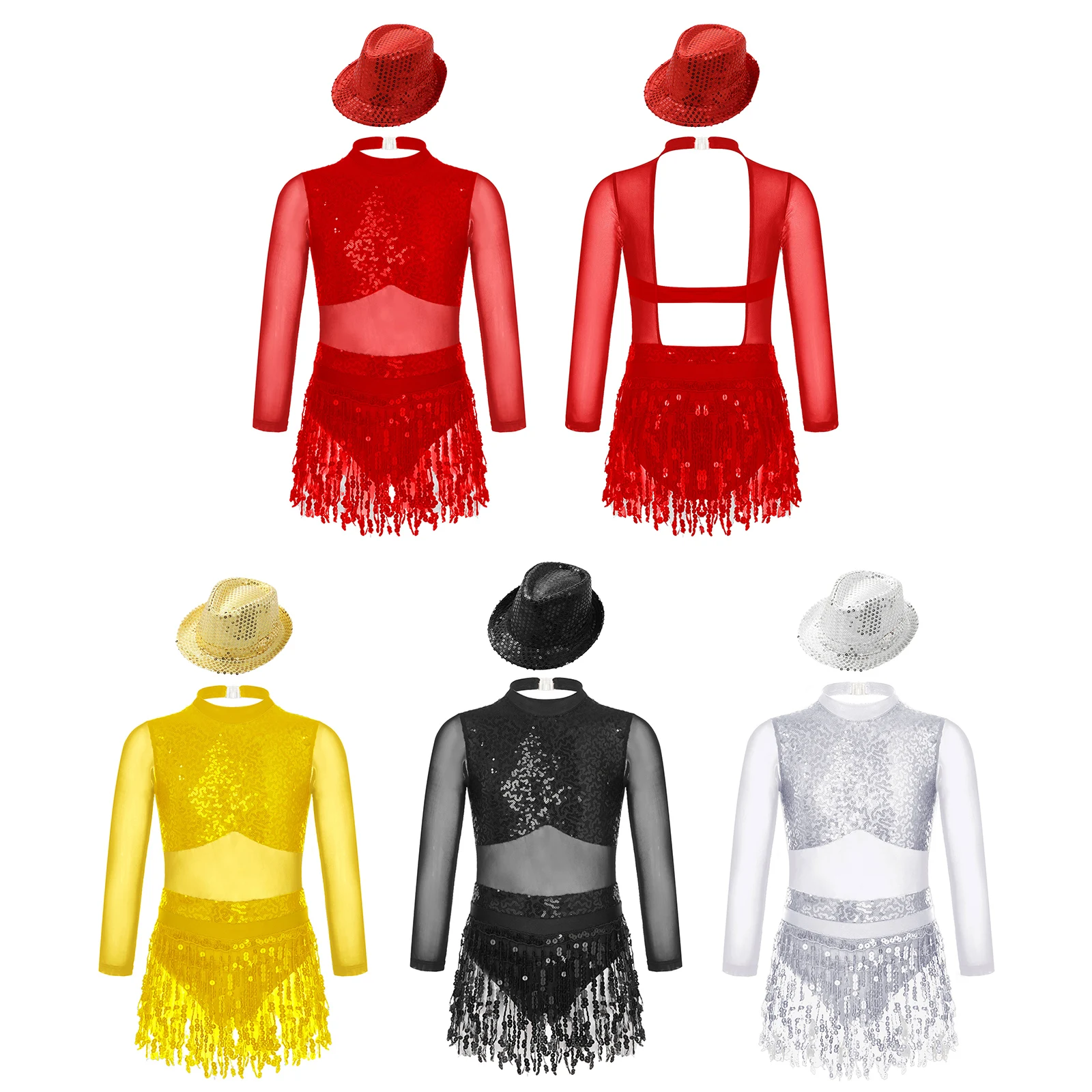 Kids Girls Sequins Dancewear Set Tassel Bodysuit Latin Jazz Dance Dress with Hat Teen Cha-cha Samba Performance Dance Costume