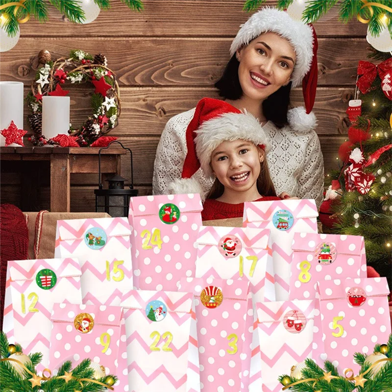 GW-24 ชิ้นถุงคริสต์มาส ถุงวันหยุด ถุงของขวัญคริสต์มาส ถุงกระดาษบุฟเฟ่ต์ขนมสำหรับวันหยุดคริสต์มาส