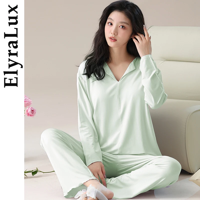

ElyraLux Women's Long Sleeve Sleepwear Casual Solid Color Home Clothes with Chest Pad Spring Autumn New Style Simple Pajama