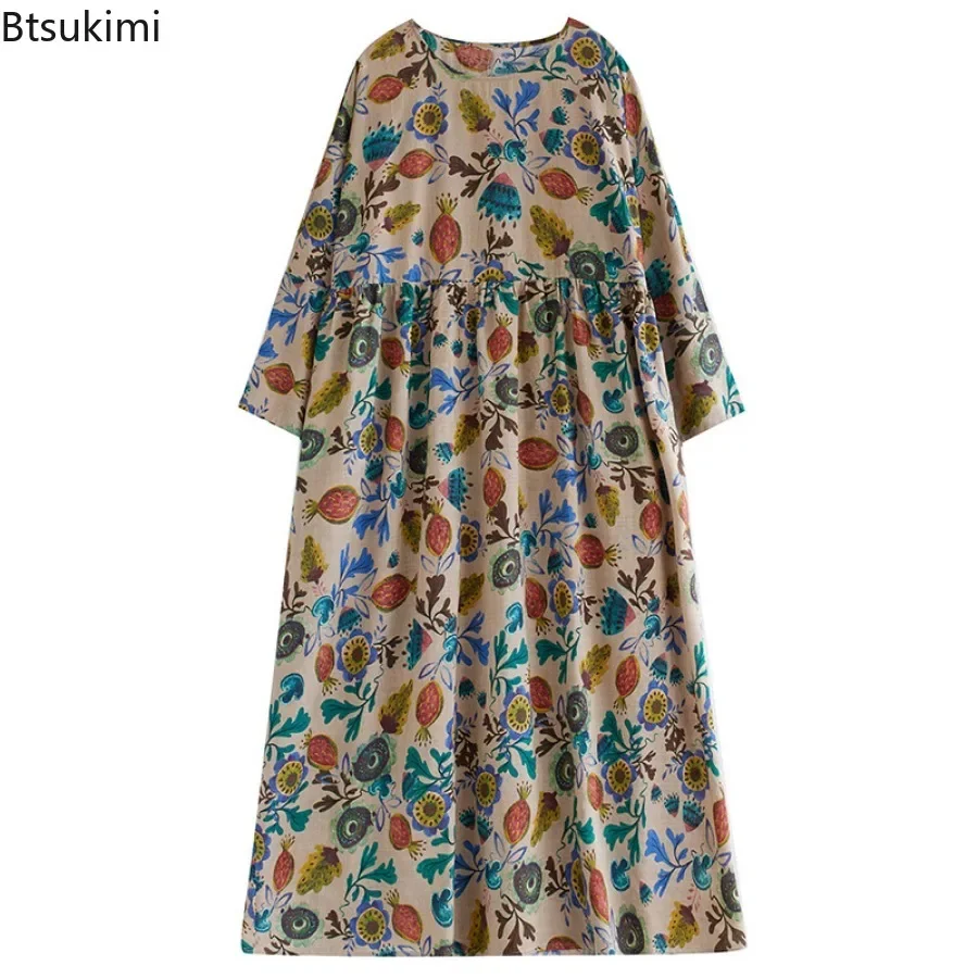 特大女性フラワープリントロングドレスヴィンテージカジュアルルーズプリーツレディースドレスコットンリネン快適な休日 Vestidos ファム