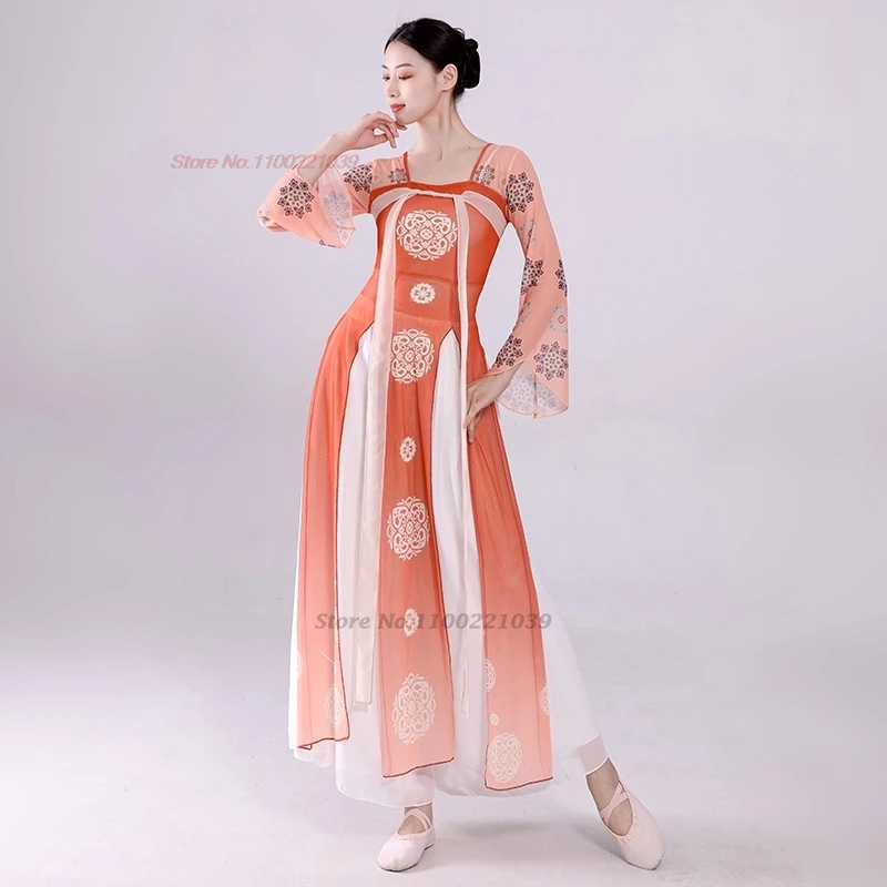 2025년 전통 중국 빈티지 댄스 국화 프린트 메쉬 한푸 상의+하의 세트 무대 공연 의상 고대 민속 무용