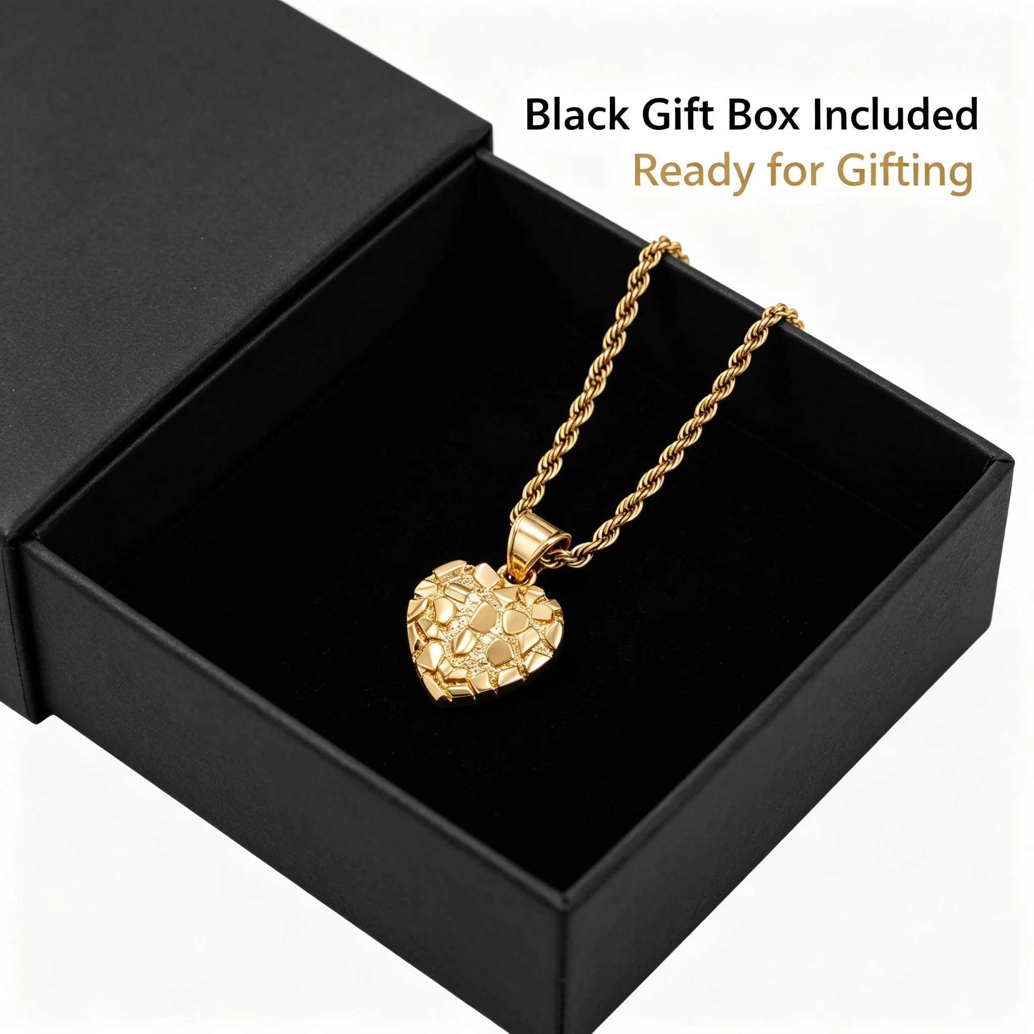 18K Gold Plated Big Size 19mm Nugget Heart Pendant Necklace With 2.5mm Width Stainless Steel Rope Chain Rough Textured For Women