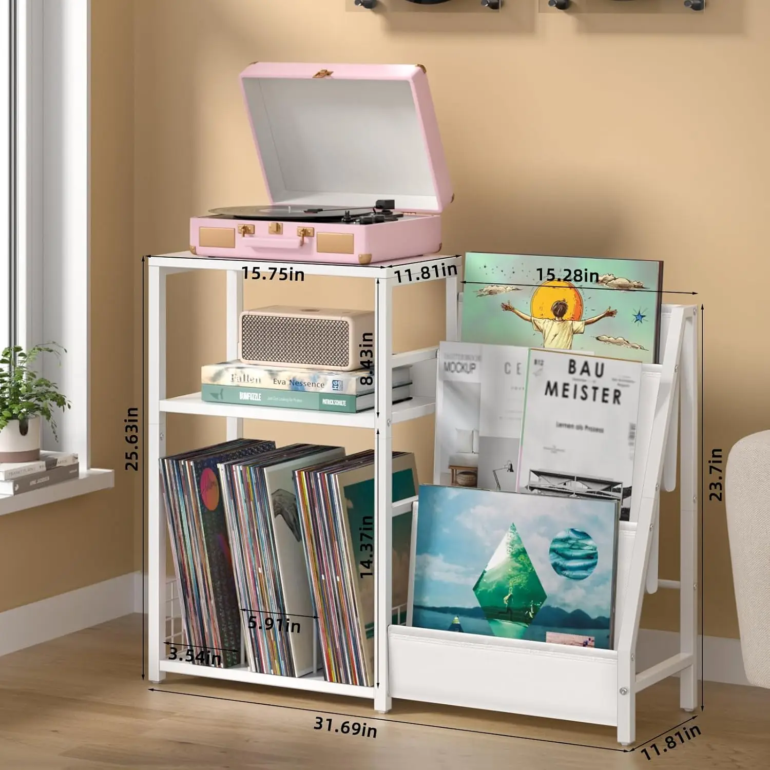 Armoire de rangement pour disques vinyles à 3 niveaux avec support de plateau tournant, table d'appoint blanche pour albums et magazines