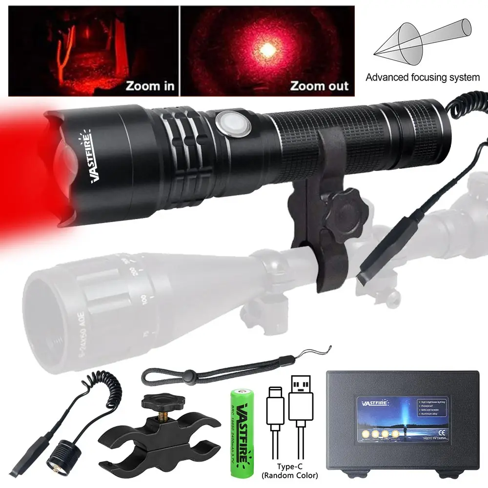 LED Tactical Hunting Flashlight Red Light USB Rechargeable Waterproof Torch Lamp Professional Shooting Night Scout Lights Set