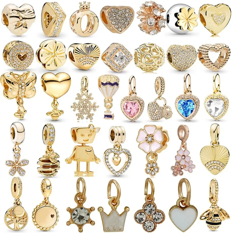 

2025 New 925 Gold Plated Heart Pendant Hollow Out Charm Beads Bracelet Necklace For Women Pandora DIY Jewelry Accessorie