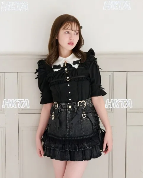 Original Liz Sweet Bows Leather Buckle Mass Production Short-sleeved Shirt 2026 New Summer Japanese Style Plaid Blouse Top Women - view 4