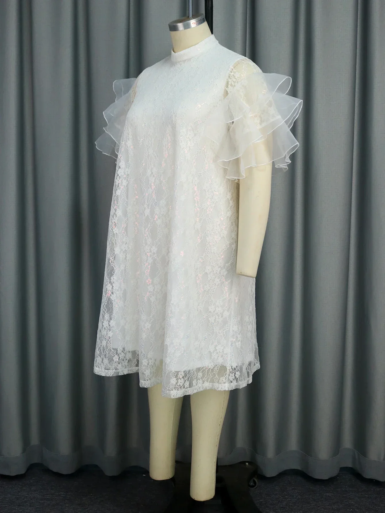 Women White Floral Lace Loose Dress Half High Collar Short Ruffle Sleeve Tulle Patchwork Casual Going Out Birthday Prom Gowns