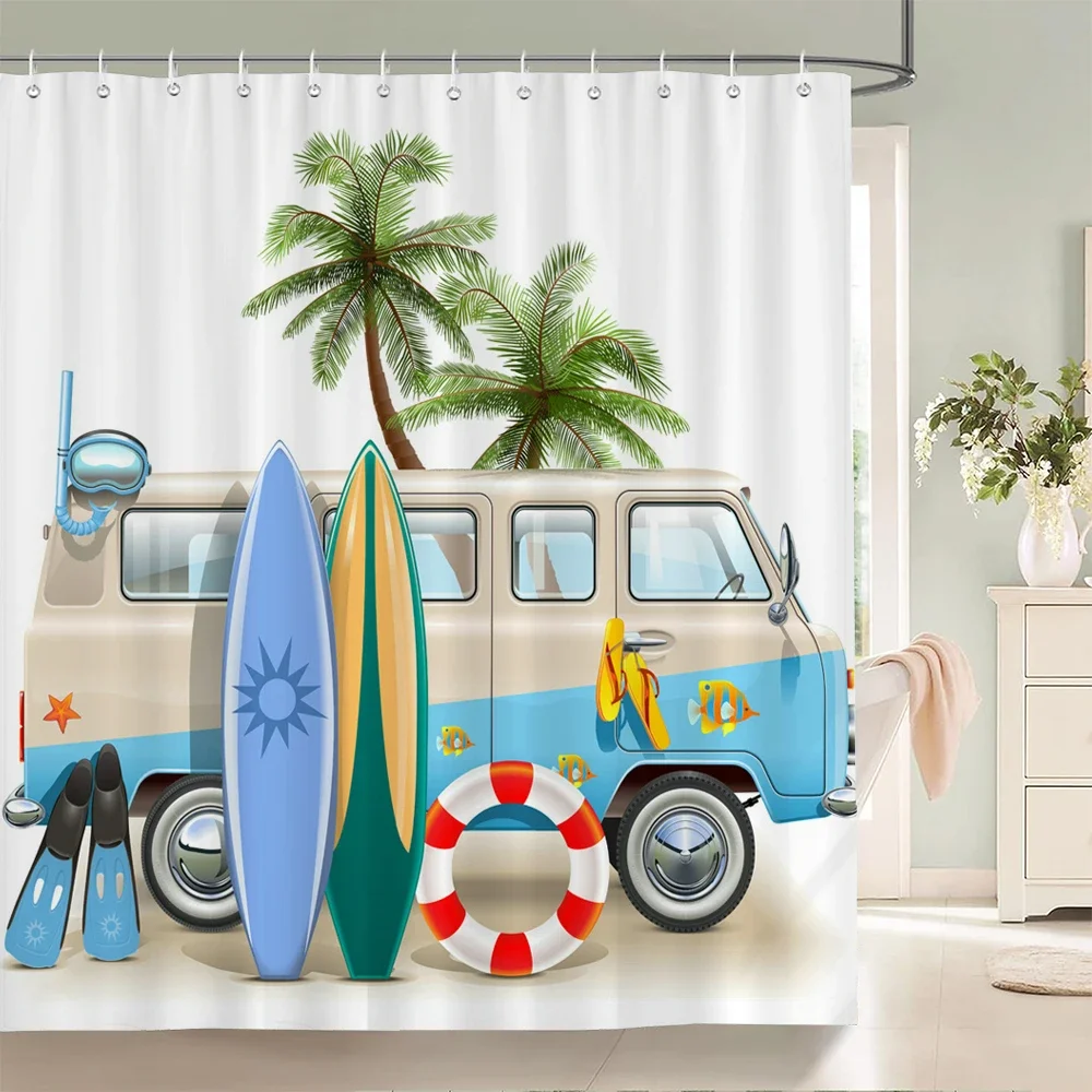 

Surfing Theme Shower Curtain Colorful Surfboards Beach Design Waterproof Bath Linen Ocean Style Tropical Decor Summer Home