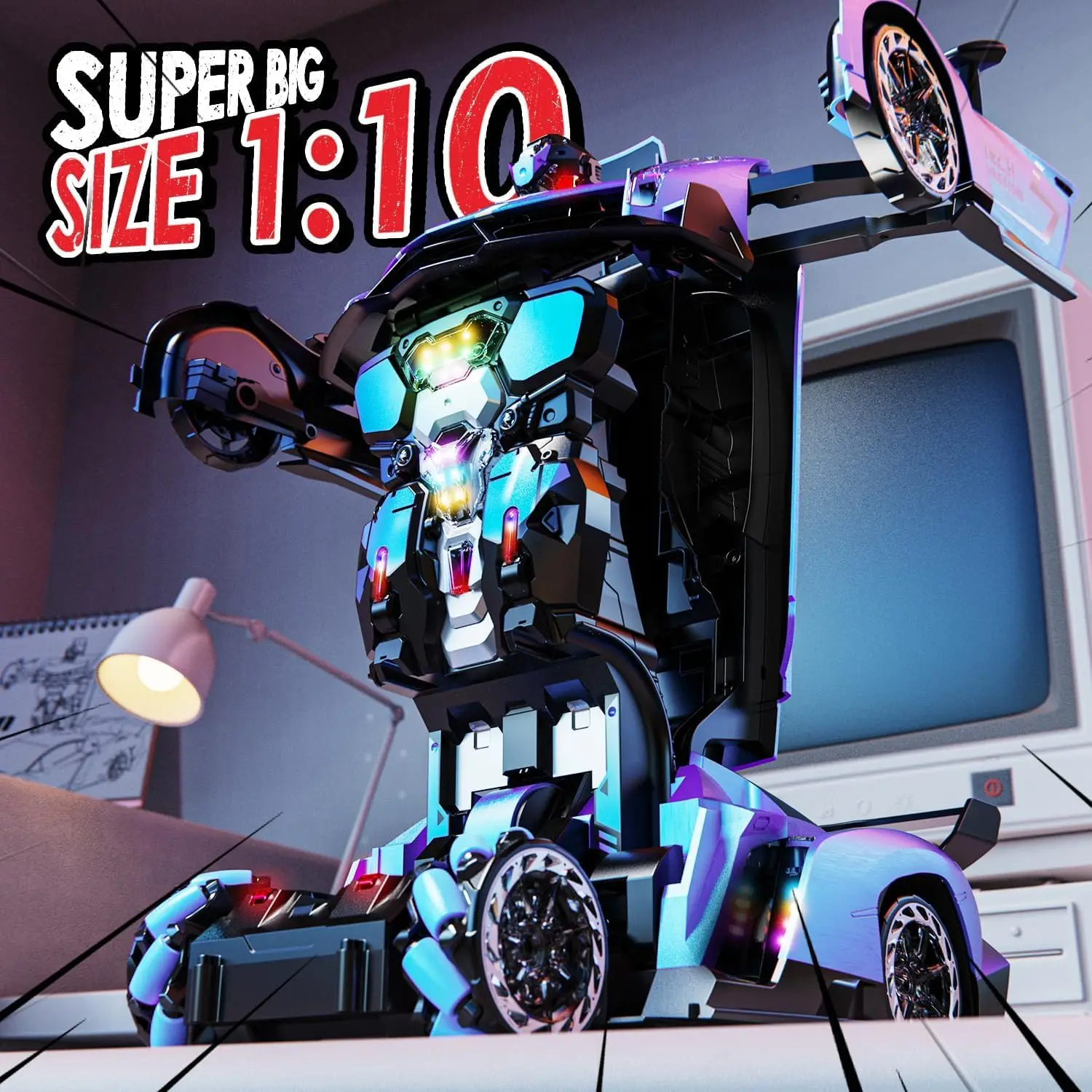 1:10 Transforming RC Car, Large Remote Control Car | One-Button Transform to Robot, 2.4GHz Remote Control, Gesture Sensing, LED