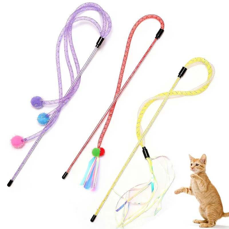 3PCS Feather Teasing Cat Stick Elastic Mesh Tube Cat Toy Rod Kitten Interactive Toys Teaser Wand