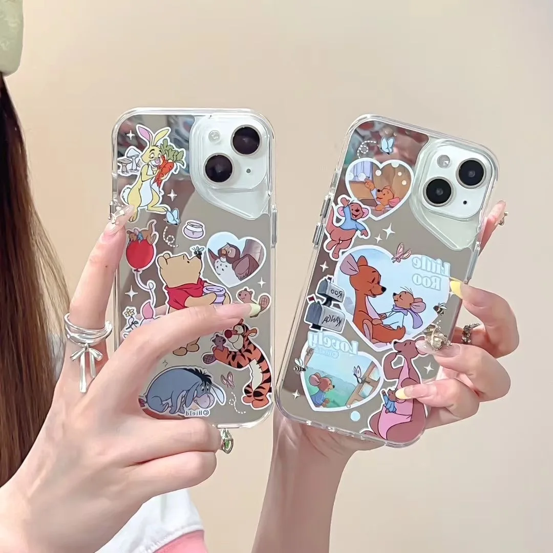 Disney Cartoon Cute Winnie the Pooh Love Kangaroo Luxury Mirror Phone Case For iPhone 15 14 13 12 Pro Max 3D Anime Protect Cover