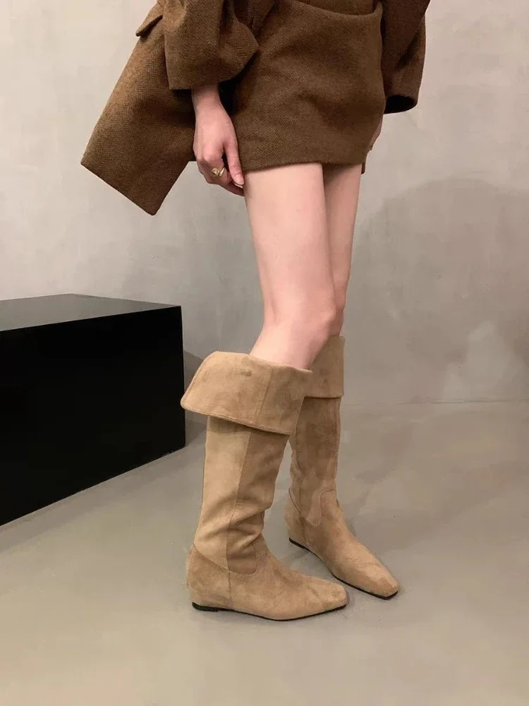 Womens Suede Over The Knee Boots Autumn Winter Hidden Height Increasing 2-Way Wear Fold Over Slouchy Tall Boots