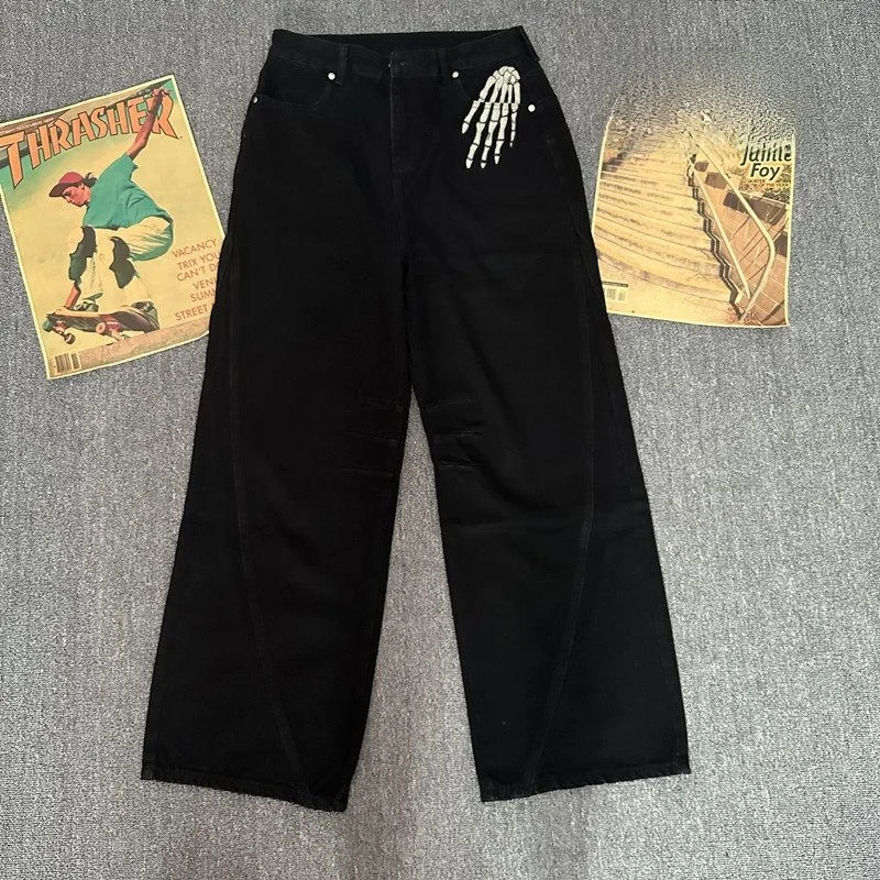 Street Style Embroidered Skull Pattern Loose Fit Straight Leg Men's Jeans Spring Autumn Vintage Trend Cotton Polyester Blend
