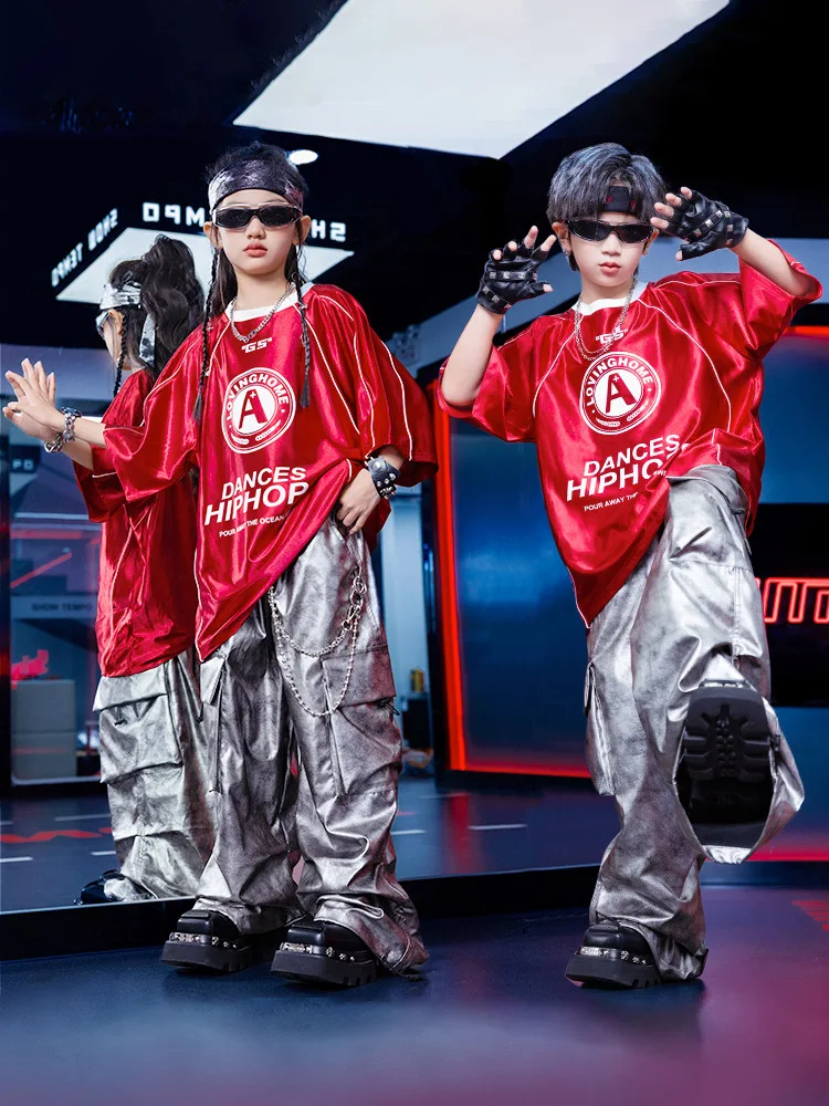 Kid Kpop Hip Hop Clothing Red Letter Jersey T Shirt Silver Tie Dye Parachute Cargo Pants for Girl Boy Jazz Dance Costume Clothes