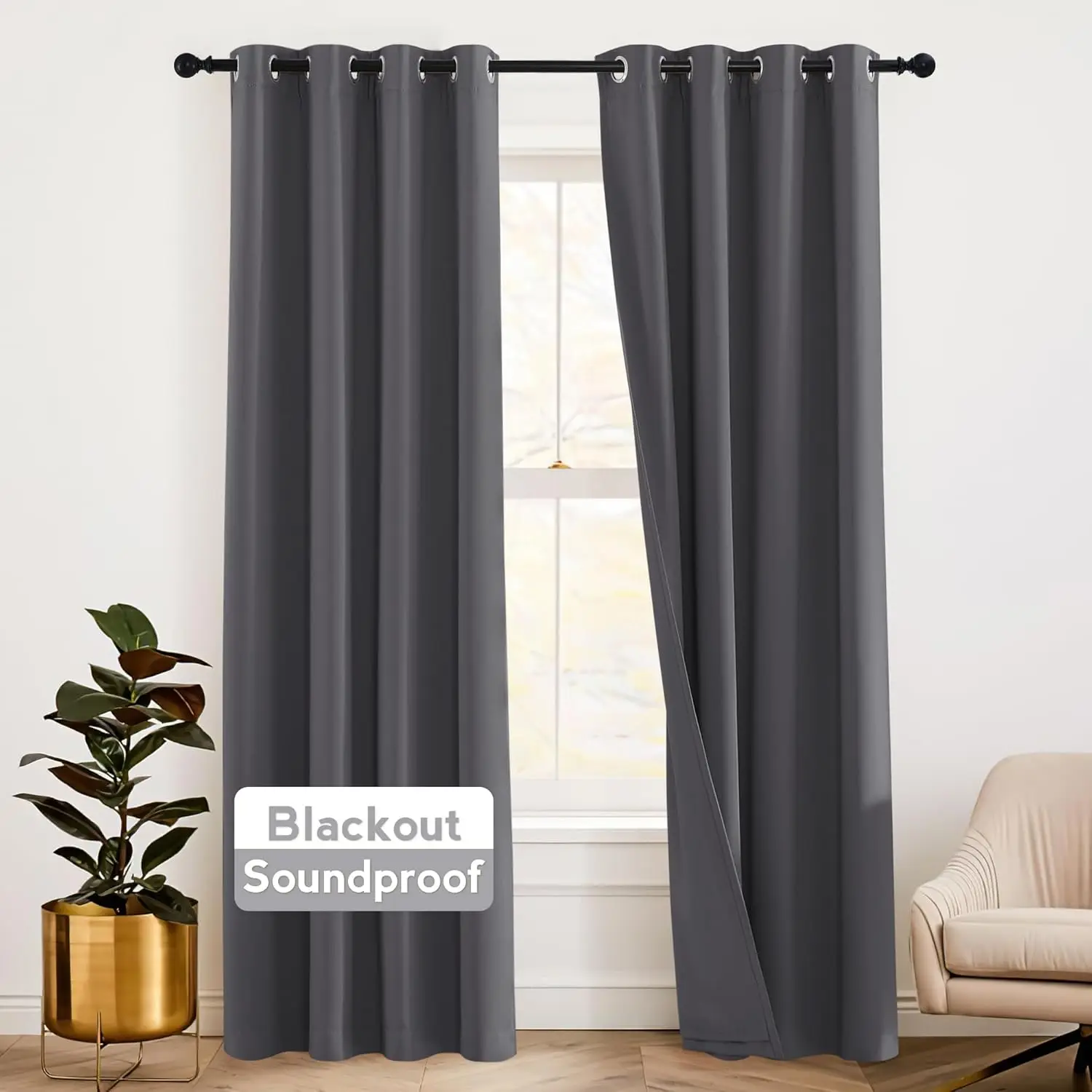 

3-Layer Blackout Curtains 52x84 inch - Noise Reducing, Thermal Insulated, Gray, 2 Panels