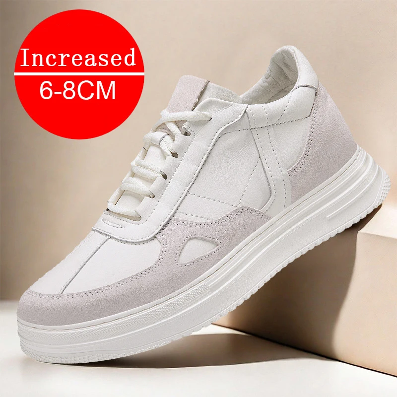 Men Genuine Leather+mesh Increase 6CM 8CM Heightening Shoes Hollow Out Casual Mesh Sneakers Summer Footwear Mesh Breathable Shoe