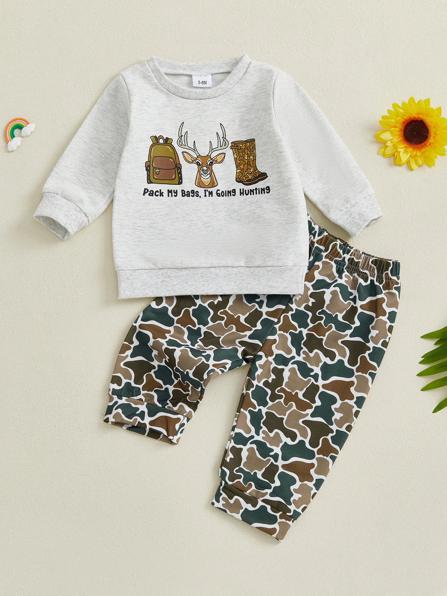 

Infant Boy s Cozy Winter Ensemble Reindeer Graphic Pullover with Long Sleeves and Camo Print Elastic Waist Pants 2-Piece Set