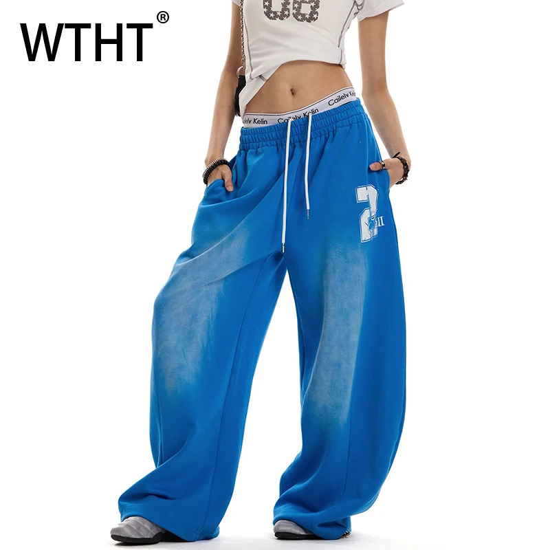 

WTHT Vintage Men's Gradient Letter Print Do Old Design Casual Pant Fashion 2025 Summer Elastic Waist Drawing Trouser Male 2A1308