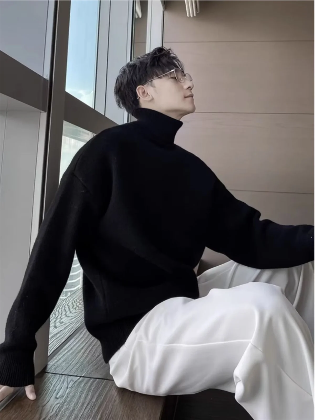 

High Collar Knitted Sweater ex Autumn Winter Lazy Sle Couple Pure White Base Layer Fce Lined Long Sve Crew Ne