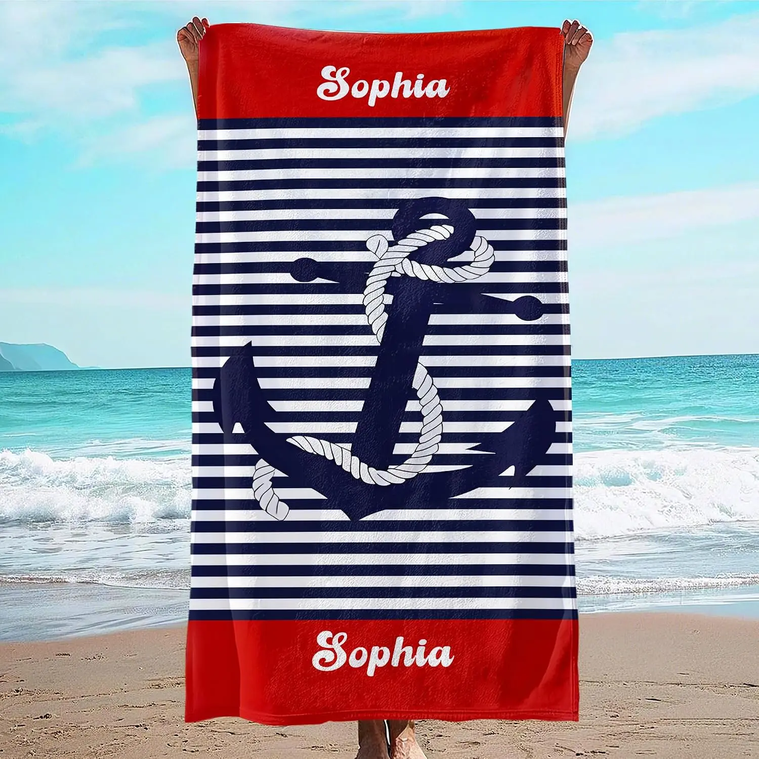 Personalized Nautical Anchor Stripe Beach Towel Bath Wrap Polyester Custom Name Sophia Tropical Ocean Pattern for Summer Vacatio
