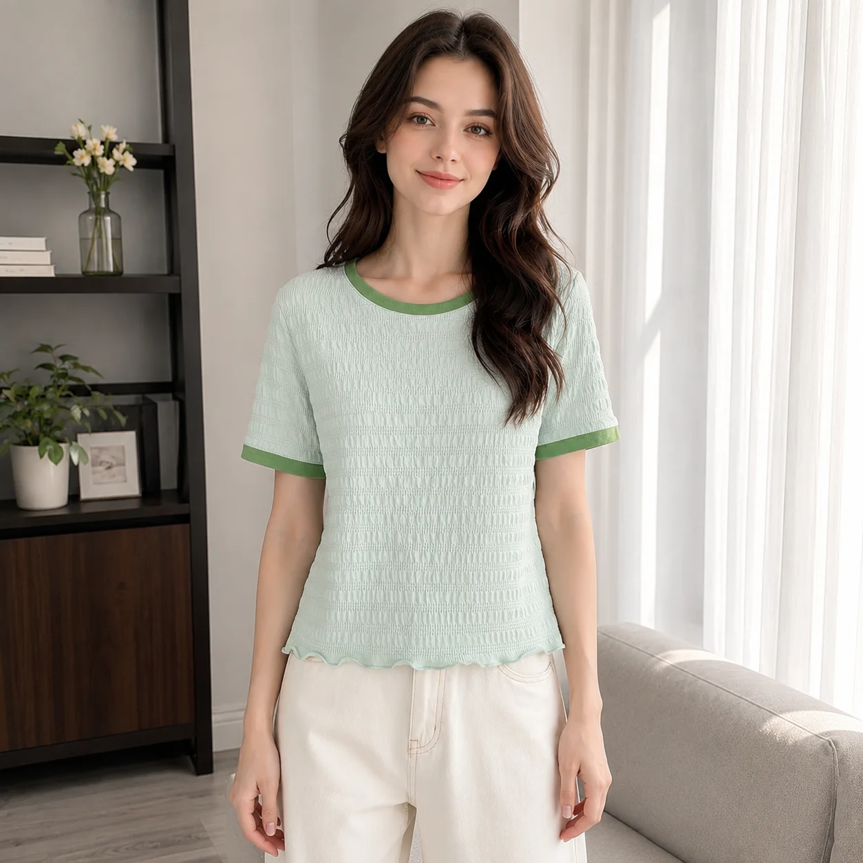 Women Textured T Shirt Contrast Trim Crew Neck Short Sleeve Loose Fit Casual Summer Top S-3XL