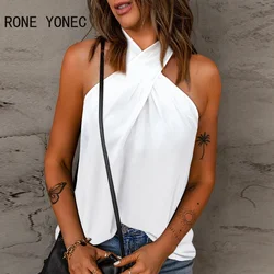 Women Chic Sexy Solid Halter Criss Cross Sleeveless Summer Camis White Crop Tops